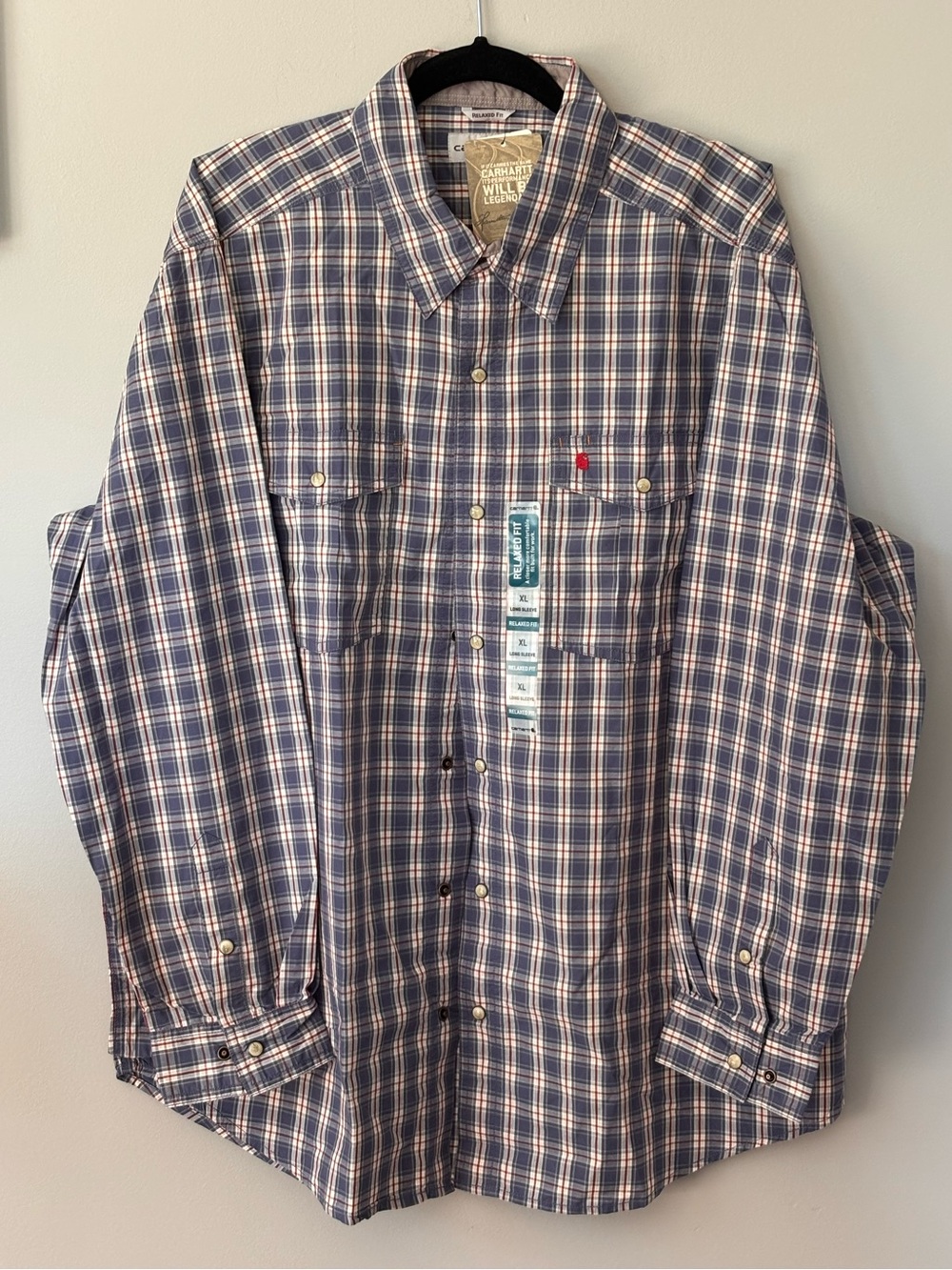Carhartt Men’s Plaid Button Down XL Blue Red White Relaxed Fit Workwear NWT